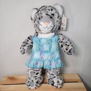 BAB Build-A-Bear Grey & White Snow Leopard in Blue Dress (NO shoes) w/ Tag